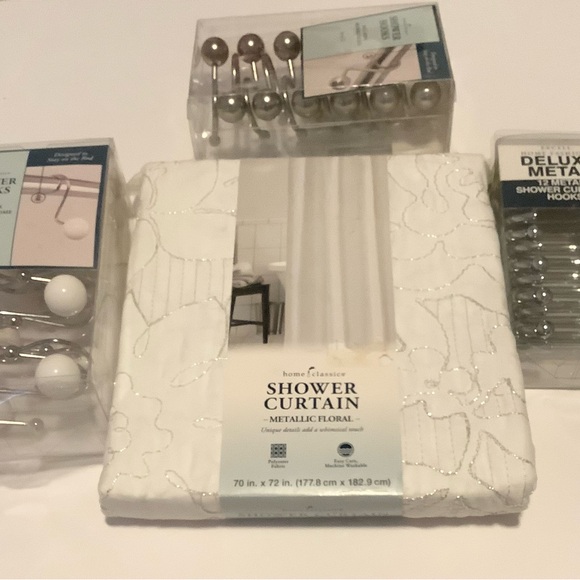 Home Classics Other - White Shower Curtain with Metallic Floral Design & Misc Shower Hooks #36